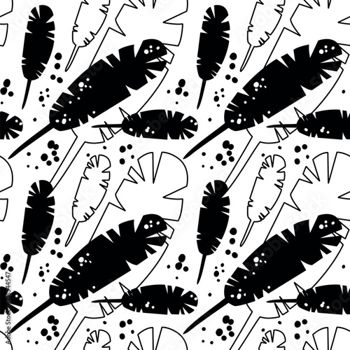 Seamless pattern with spotted feathers. Outline of a feather. Template for printing on textiles and packaging. Vector flat illustration.