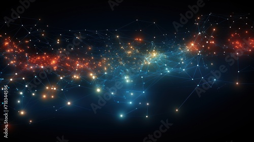  a computer generated image of a cluster of stars and a network of connected lines and dots on a dark background.