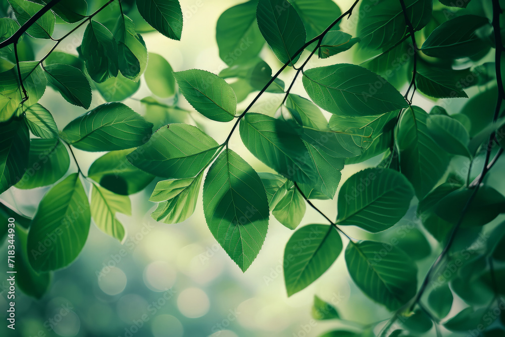 Obraz premium Close up shot of green leaves on a branch. Plants leaves using as spring background. Generative AI