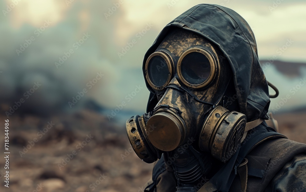 Man in gas mask in the desert Conceptual image of danger Man in gas mask in the desert Conceptual image of danger