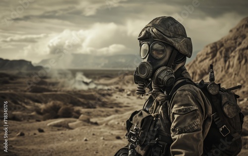 Man in gas mask in the desert Conceptual image of danger