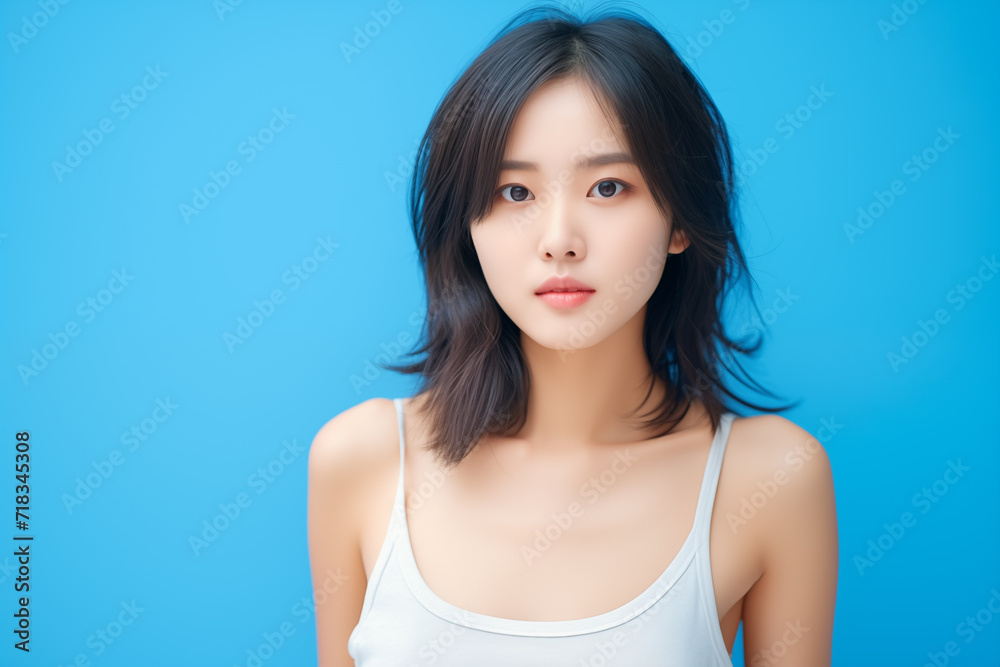 Beautiful Japanese woman standing in front of blue background Beautiful Japanese woman standing in front of blue background