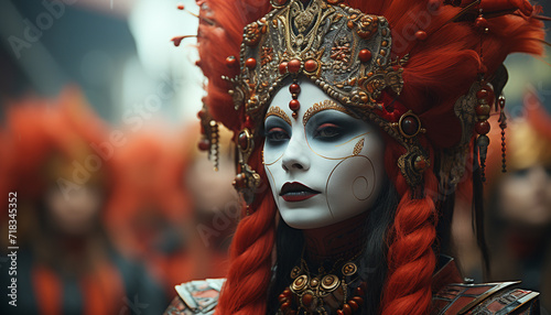 Colorful masks adorn women at traditional carnival parade generated by AI