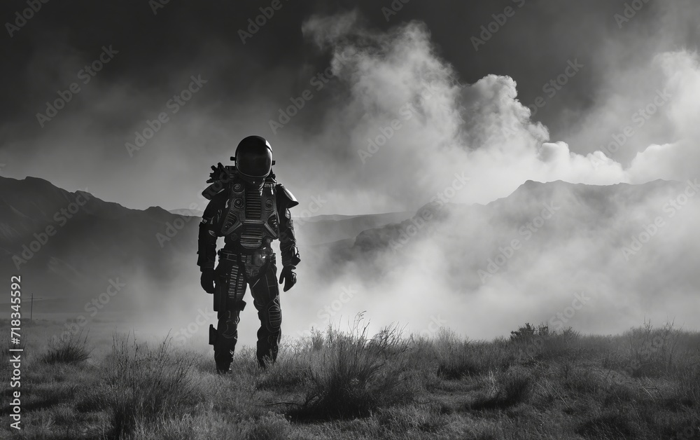 Man in gas mask and gas mask on the background of the forest.