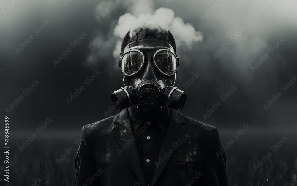 Man in gas mask and gas mask on the background of the forest.