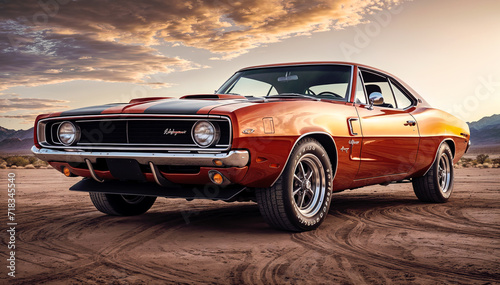 An old red and orange muscle car sits in a desert landscape The sky is cloudy and the sun is setting © Graphic Dude