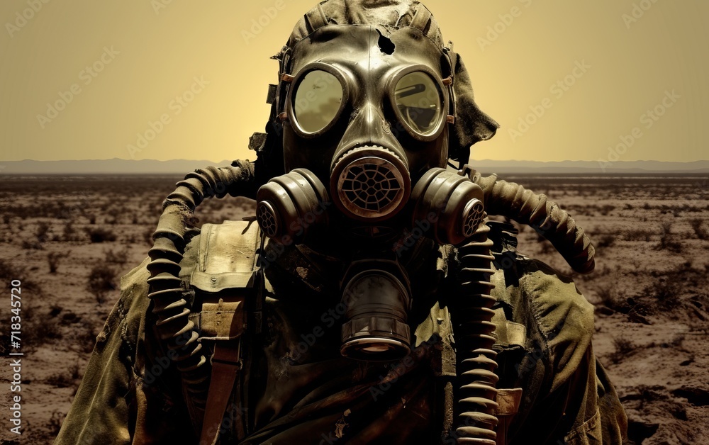 Man in gas mask in the desert Conceptual image of danger Man in gas mask in the desert Conceptual image of danger