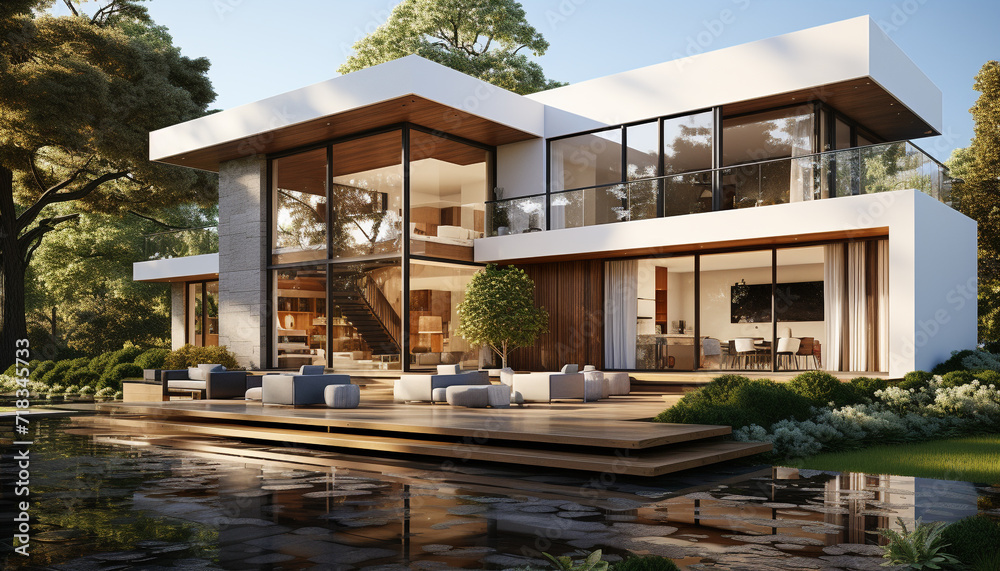 Modern architecture design with swimming pool, luxury home ownership, and nature generated by AI