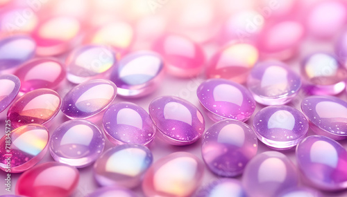 close-up of a pile of purple and pink oval cabochons with a pink and purple gradient background