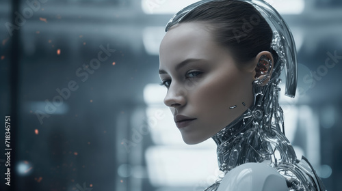 A futuristic  image featuring a woman with a cybernetic appearance. Her neck, part of her face, and ear are integrated with advanced metallic and electronic components, giving her a robotic look. 