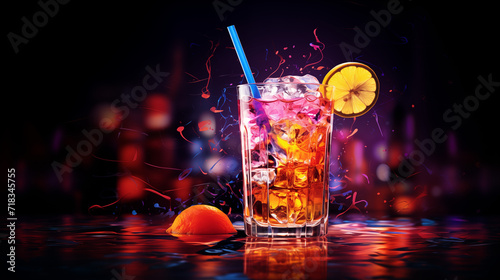 colorful cocktail on a club table with a blue straw and fruits around, party atmosphere