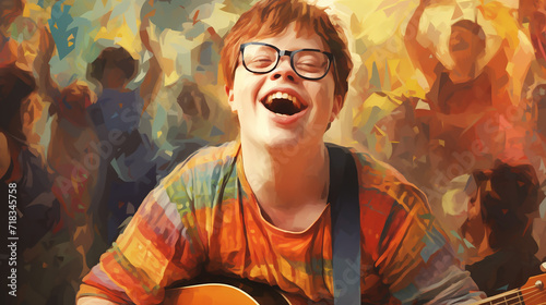 Young man with down syndrome learns how to play guitar aquarel drawn picture photo