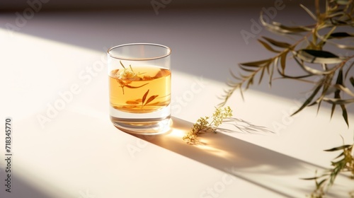  a glass filled with liquid sitting on top of a table next to a leafy branch of an olive tree.