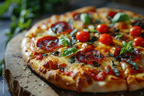 Italian pepperoni pizza with salami, mozzarella and basil on dark background. Pepperoni. Cheese Pull. Pepperoni Pizza on a Background with copyspace.