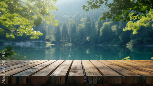 Wooden table mockup with lake forest background in 3d without backoground png for advertisement. Created using generative AI.