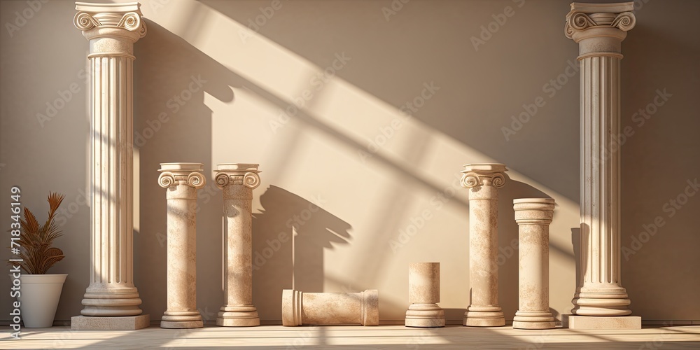 ed Greek Doric pillars display goods, products, and museum expansions on an abstract natural background with shadowed walls. - obrazy, fototapety, plakaty 