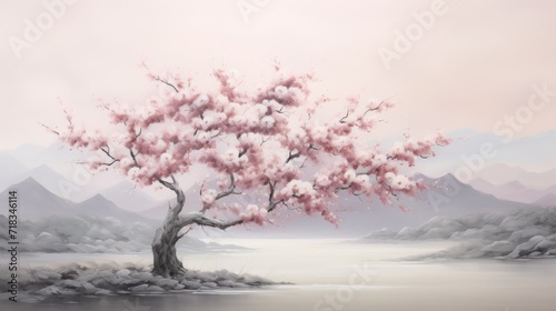  a painting of a tree with pink flowers in the foreground and mountains in the background, with a body of water in the foreground.