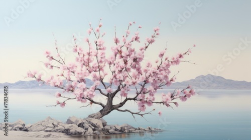  a painting of a blossoming tree on a rock outcropping in the middle of a body of water.