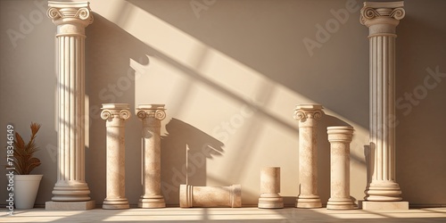 ed Greek Doric pillars display goods, products, and museum expansions on an abstract natural background with shadowed walls.