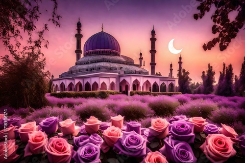 A Mosque surrounded by Rose-Tinted Elegance