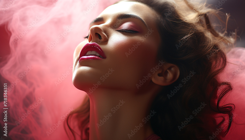 Obraz premium Beautiful young woman with long curly brown hair generated by AI