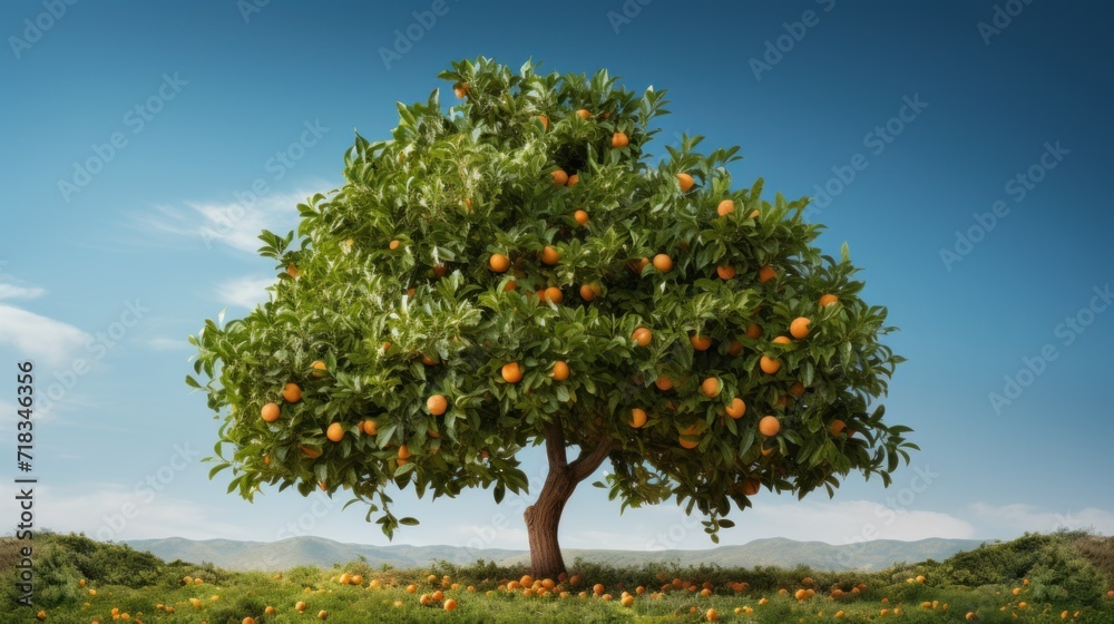  a tree filled with lots of oranges on top of a lush green field with a blue sky in the background.