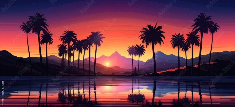 Tropical sunset landscape with palm trees and reflections. Nature and travel. Banner.