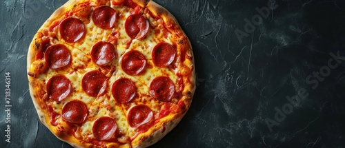 Pepperoni pizza on dark background. Top view, copy space. Pepperoni. Cheese Pull. Pepperoni Pizza on a Background with copyspace.