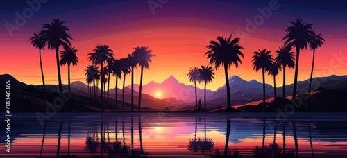 Tropical sunset landscape with palm trees and reflections. Nature and travel. Banner.