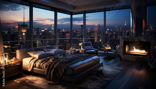 Luxury apartment with modern design  comfortable bed  and cityscape view generated by AI