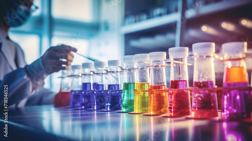 A detailed photograph of a laboratory where a scientist is meticulously pipetting colorful liquids into glassware, capturing the precision and artistry of scientific experimentation.