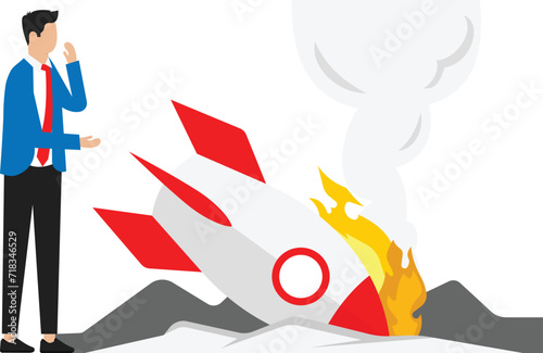 Businessman standing with rocket crash, Amidst Rocket Ruins and Navigating the Crash concept
