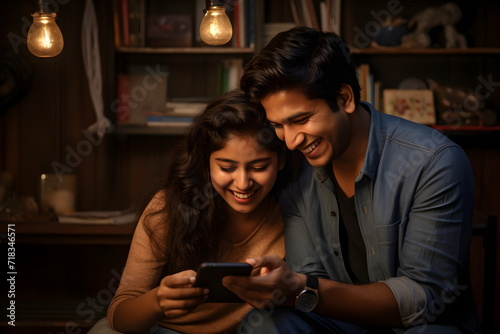 young indian couple using mobile phone at home photo