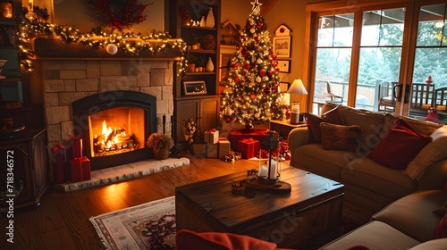 fireplace with christmas decorations  cozy living room adorned with festive decorations and a glowing fireplace  creating a warm and inviting holiday atmosphere