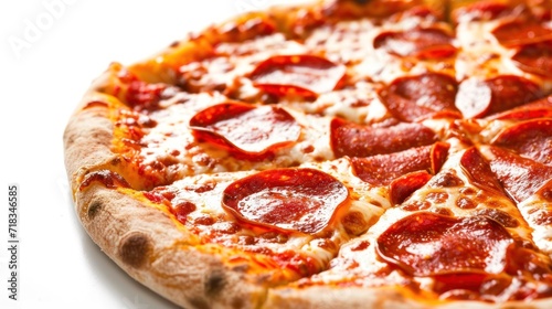 Pepperoni pizza isolated on white background with copy space. Pepperoni. Cheese Pull. Pepperoni Pizza on a Background with copyspace.