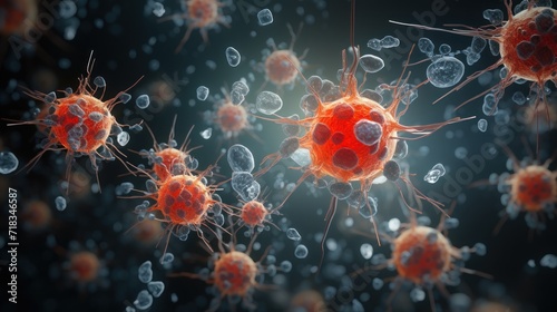  an image of a group of red and white balls of blood on a black background with water droplets on the surface.