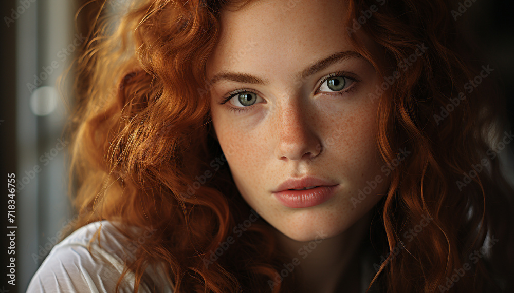 Young adult woman with curly red hair smiling generated by AI