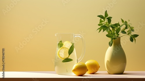  a pitcher of water, a pitcher of lemons, and a vase of lemons sit on a table.