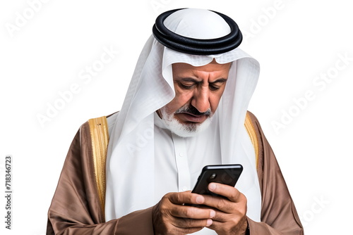 arabian senior man holding mobile phone isolated on white background © dobok