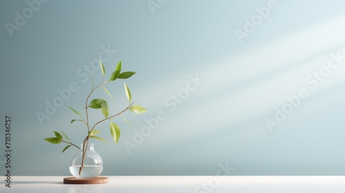  a vase with a plant in it sitting on a table next to a blue wall and a light blue wall.