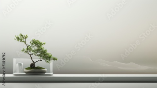 Obraz na płótnie a bonsai tree in a clear glass vase on a ledge in front of a foggy, foggy background