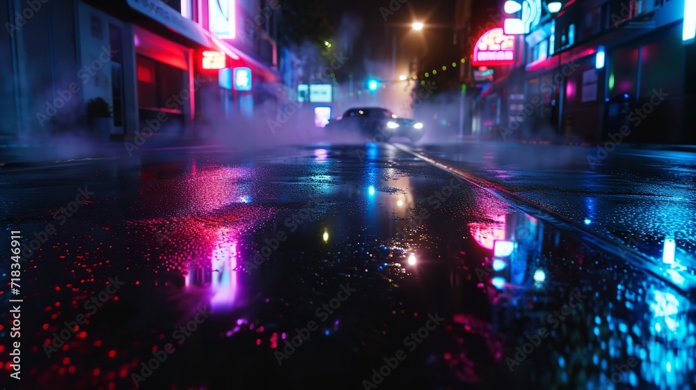 Wet Asphalt Reflection of Neon Lights at Night

