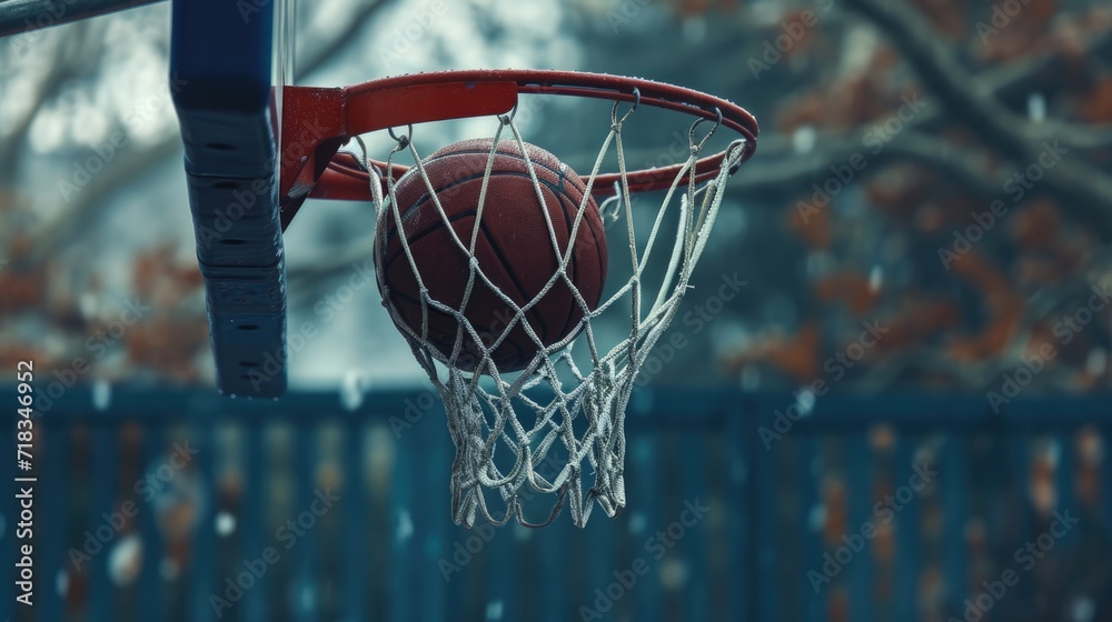 Basketball reaching in hoop 