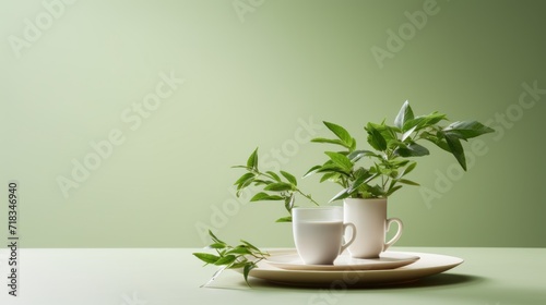  a couple of cups sitting on top of a saucer next to a plate with a plant growing out of it.