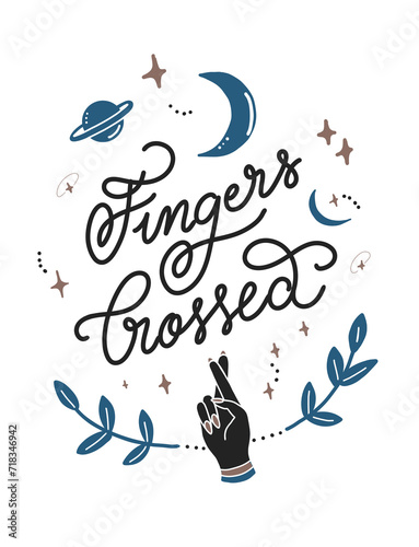 Fingers Crossed lettering astral boho illustration