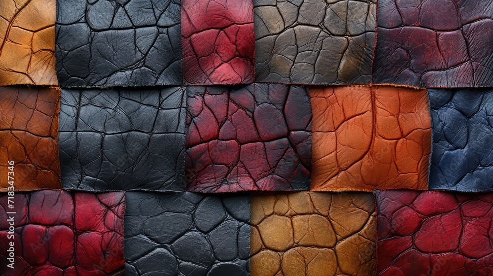 Background with colourful leather texture patches. Different sample pieces of natural or synthetic leather banner for fashion, footwear, furniture, accessories - obrazy, fototapety, plakaty 