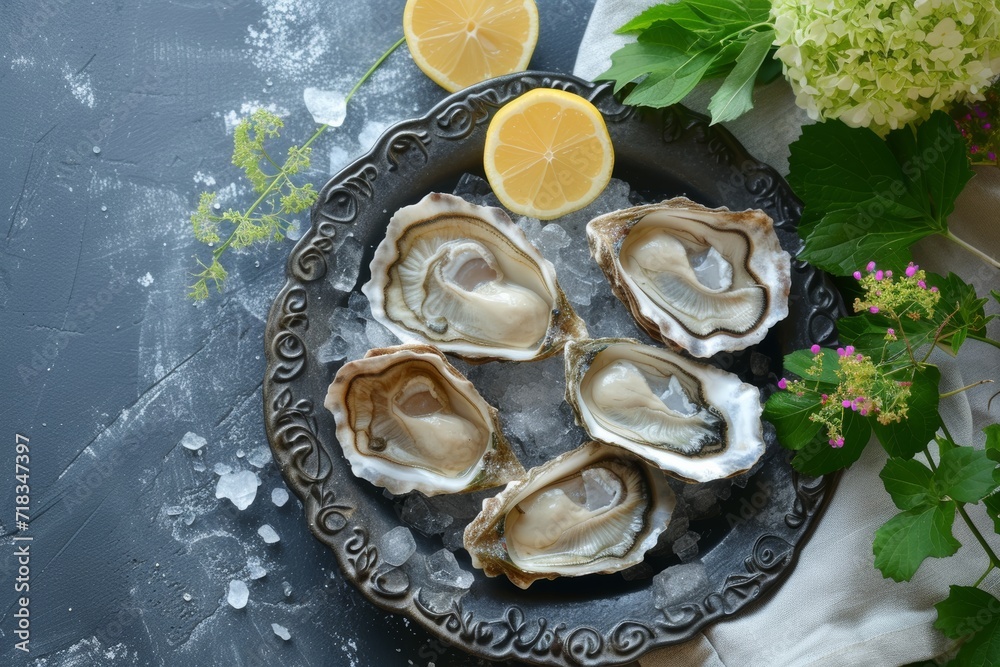 lots of oysters on a plate, in the style of nature-based patterns, lots of oysters on a plate, in the style of nature-based patterns,