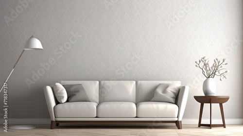  a white couch sitting in a living room next to a table with a vase of flowers on top of it. © Anna
