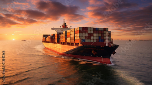 A cargo ship at sea, towering containers stacked high against the horizon, showcasing the scale of global trade. The vast ocean and the ship's presence evoke grandeur.