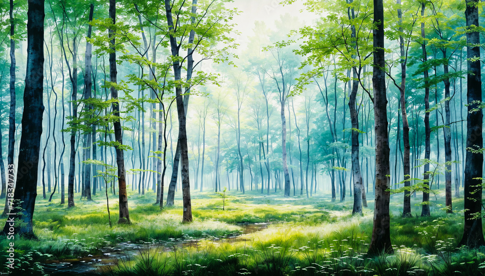 Naklejka premium A painting of a misty forest with green trees and grass